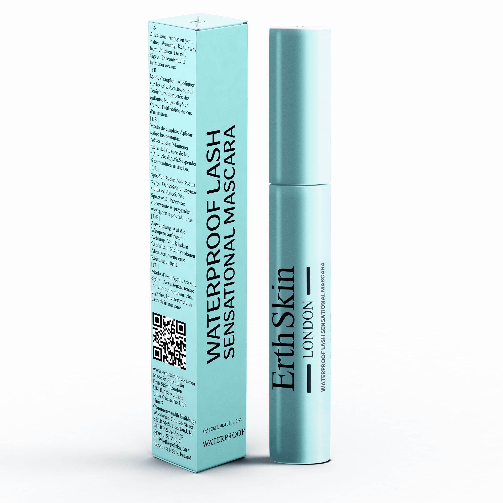 Mascara azzurro chiaro con confezione. Sulla confezione: WATERPROOF LASH SENSATIONAL MASCARA. Marchio: ErthSkin London.