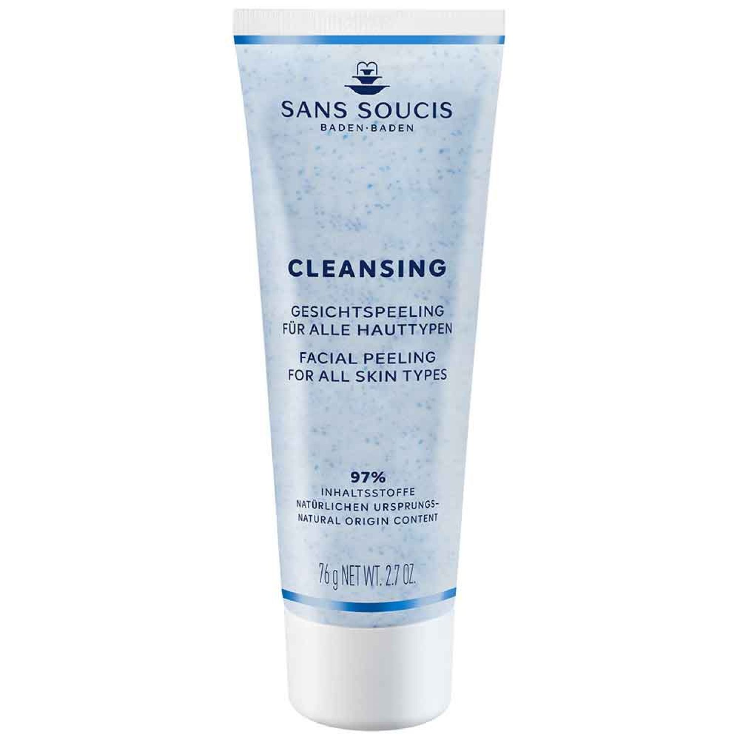 Tube mit Gesichtspeeling. Marke: Sans Soucis. Text: Cleansing, für alle Hauttypen. 97% natürliche Inhaltsstoffe. Nettogewicht: 76g.