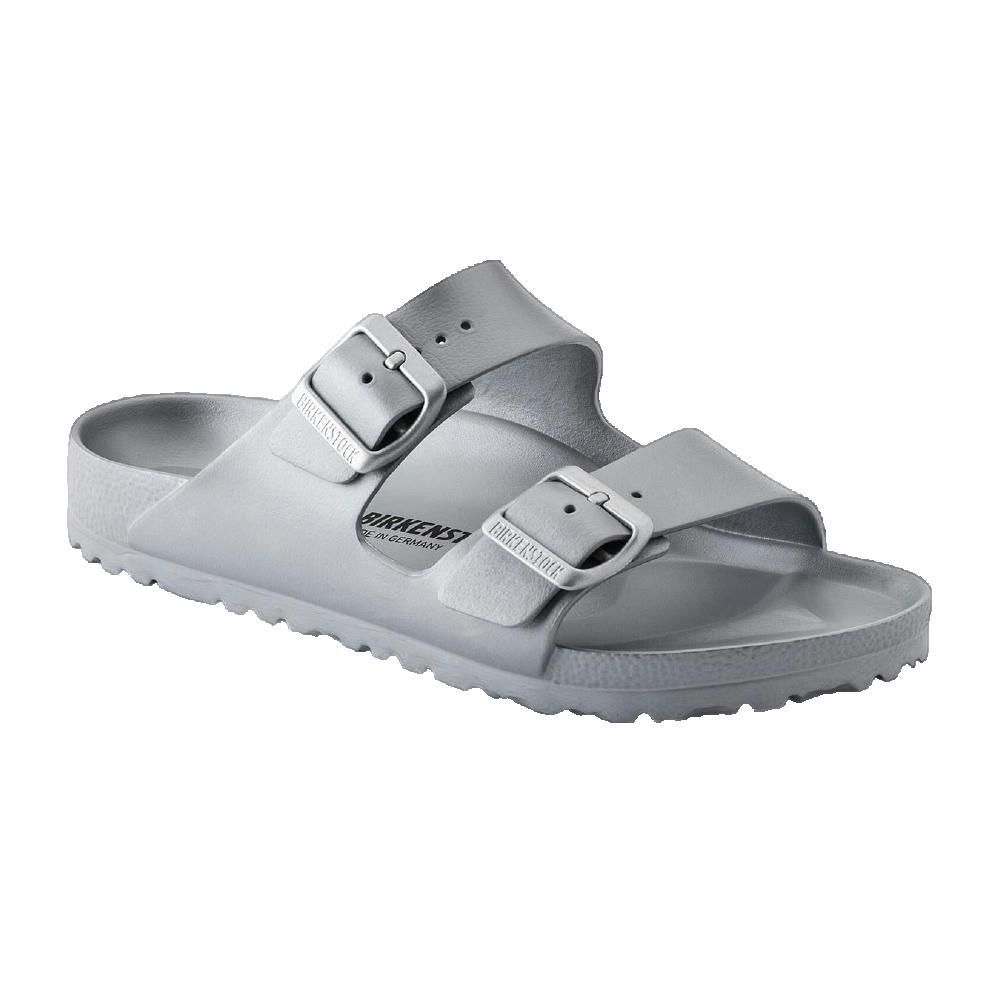 Sandali Birkenstock Arizona grigi. Due cinturini con fibbie. Logo Birkenstock impresso. Suola sagomata.