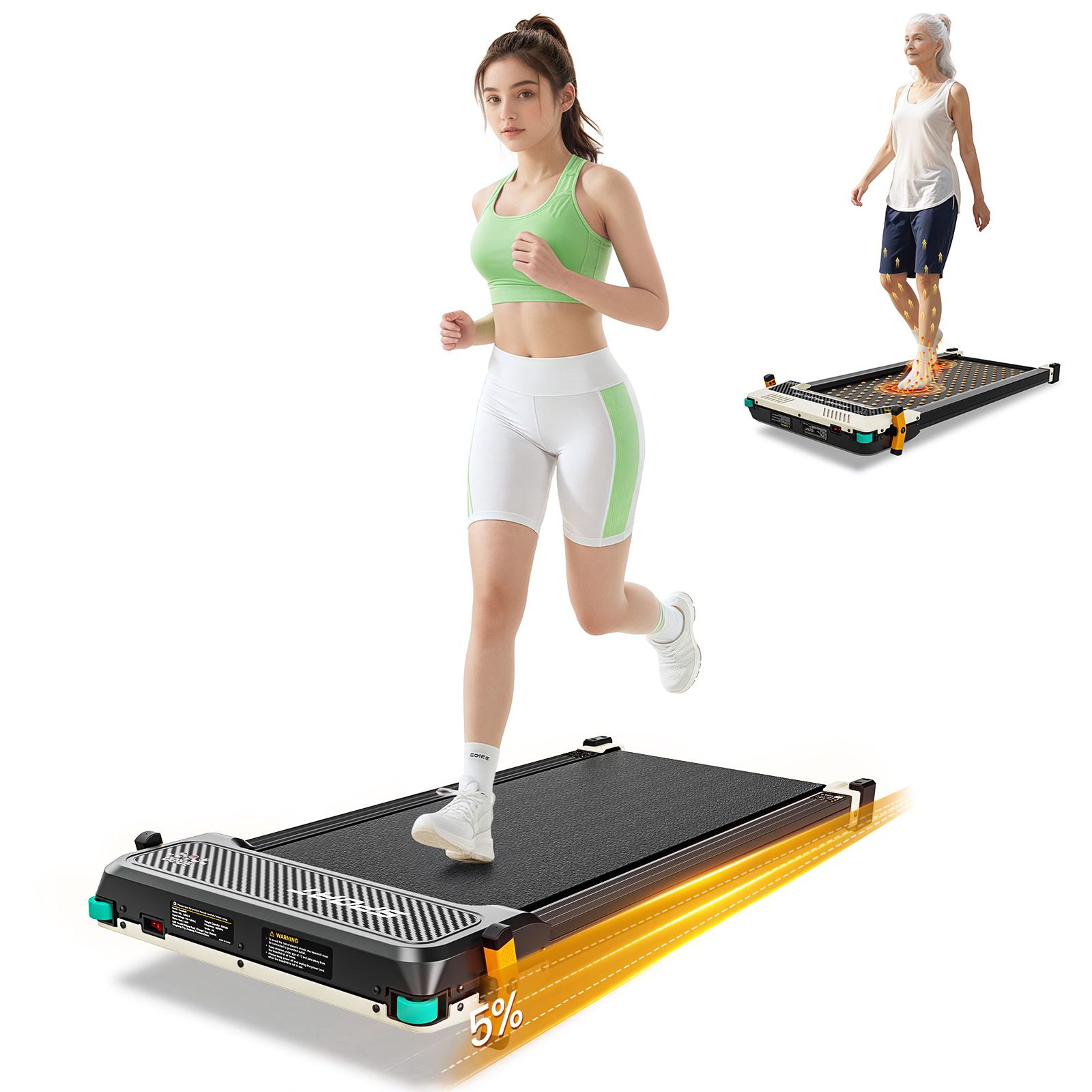 Schwarzes, flaches Laufband mit Person, die darauf läuft. Zweites Laufband im Hintergrund mit Person, die darauf steht. Grün-schwarze Details.