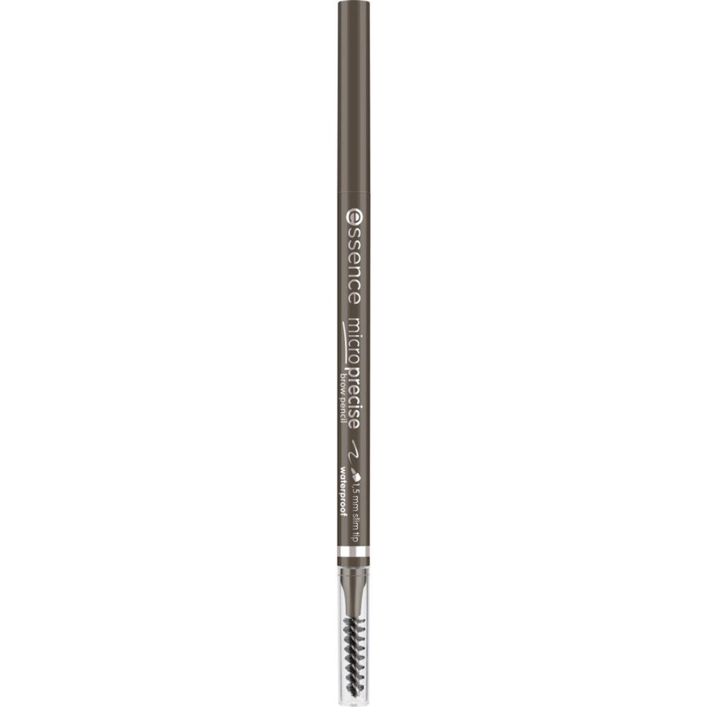Augenbrauenstift mit Bürste. Dunkelbraune Mine, silberfarbener Schaft mit Schriftzug. Marke: Essence Micro Precise.
