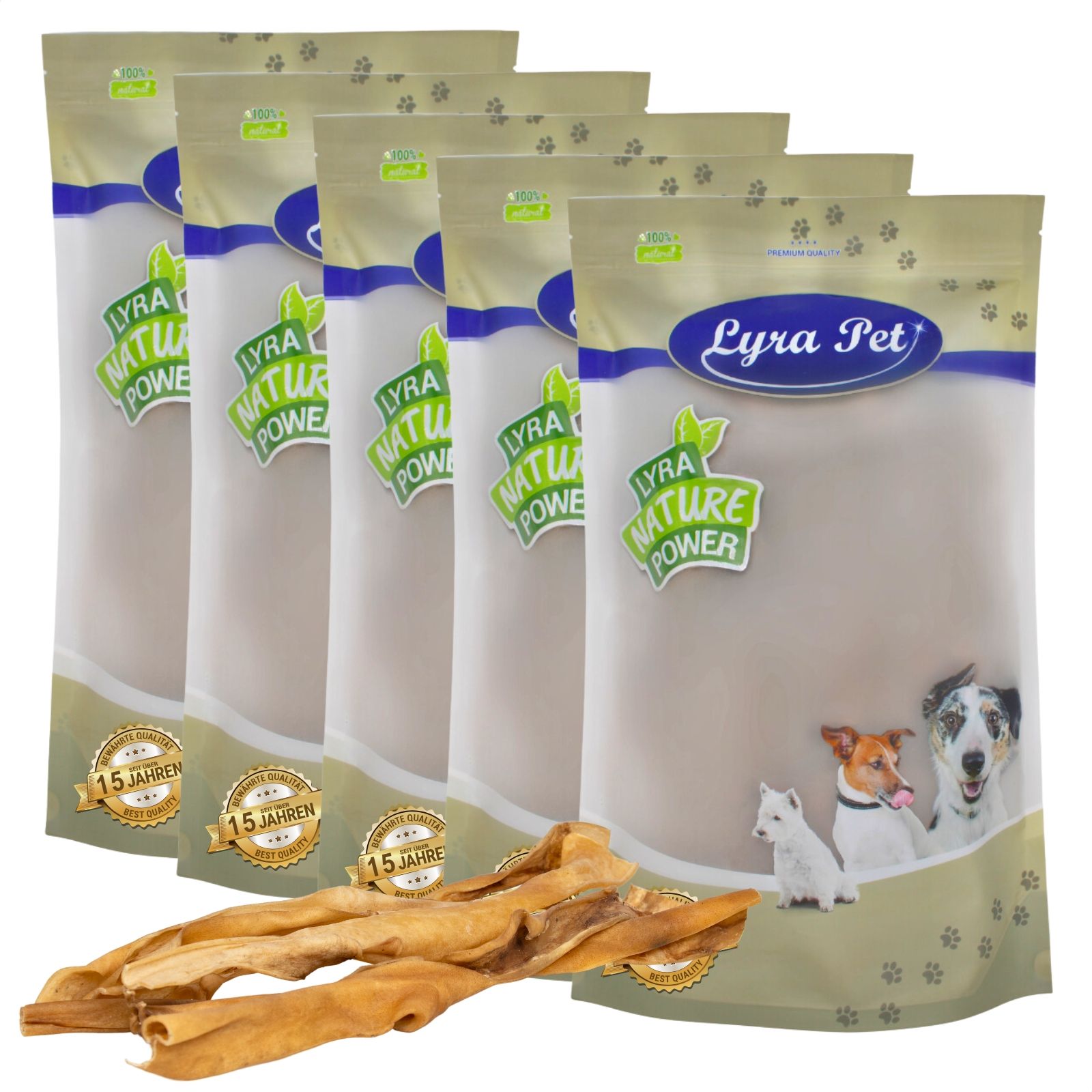 Mehrere Packungen Lyra Pet Rinderkopfhautstangen mit Hundemotiv, 15 Jahre Garantie.