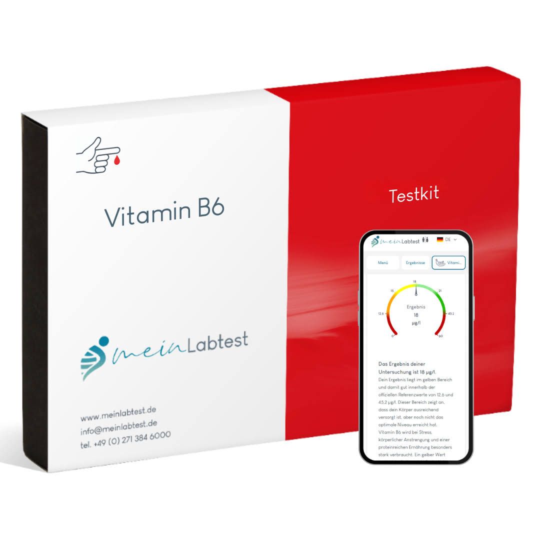 Vitamin B6 Testkit-Verpackung und Smartphone mit Testergebnissen. Logo meinLabtest. Aufschrift "Testkit".