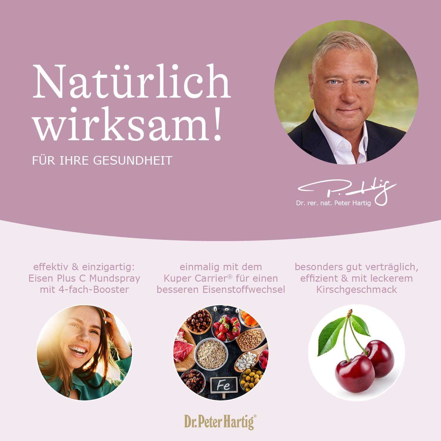 Grafik mit Text: Natürlich wirksam! Für Ihre Gesundheit. Bild von Dr. Peter Hartig. Produktabbildungen und Kirschen.
