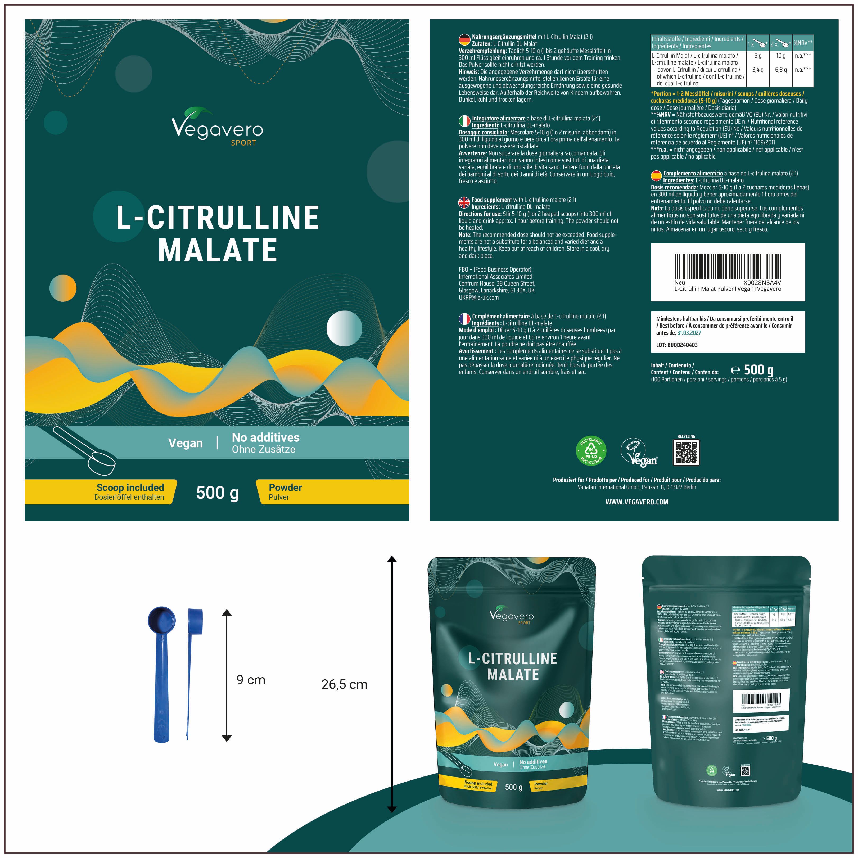 Produktverpackung mit L-Citrullin Malat Pulver. Marke Vegavaro. Beutel, Messlöffel und Maße. Rückseite mit Informationen.
