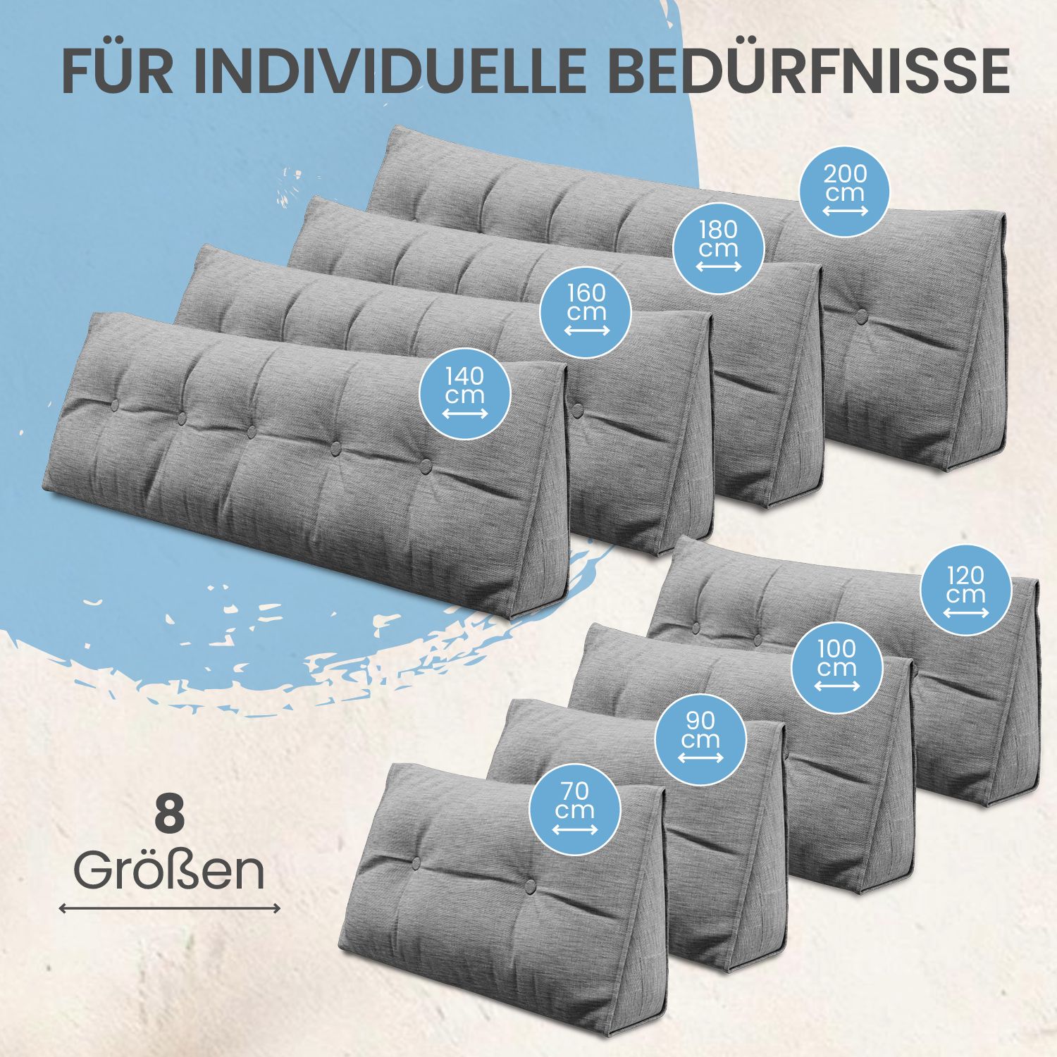 Graue Kissen in verschiedenen Größen. Größenangaben: 70-200 cm. Text: Für individuelle Bedürfnisse.