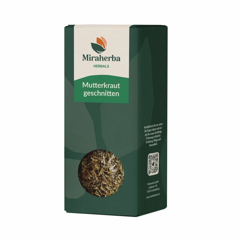 Grüne Verpackung mit Miraherba-Logo und Text "Mutterkraut geschnitten". Sichtfenster zeigt geschnittenes Kraut.
