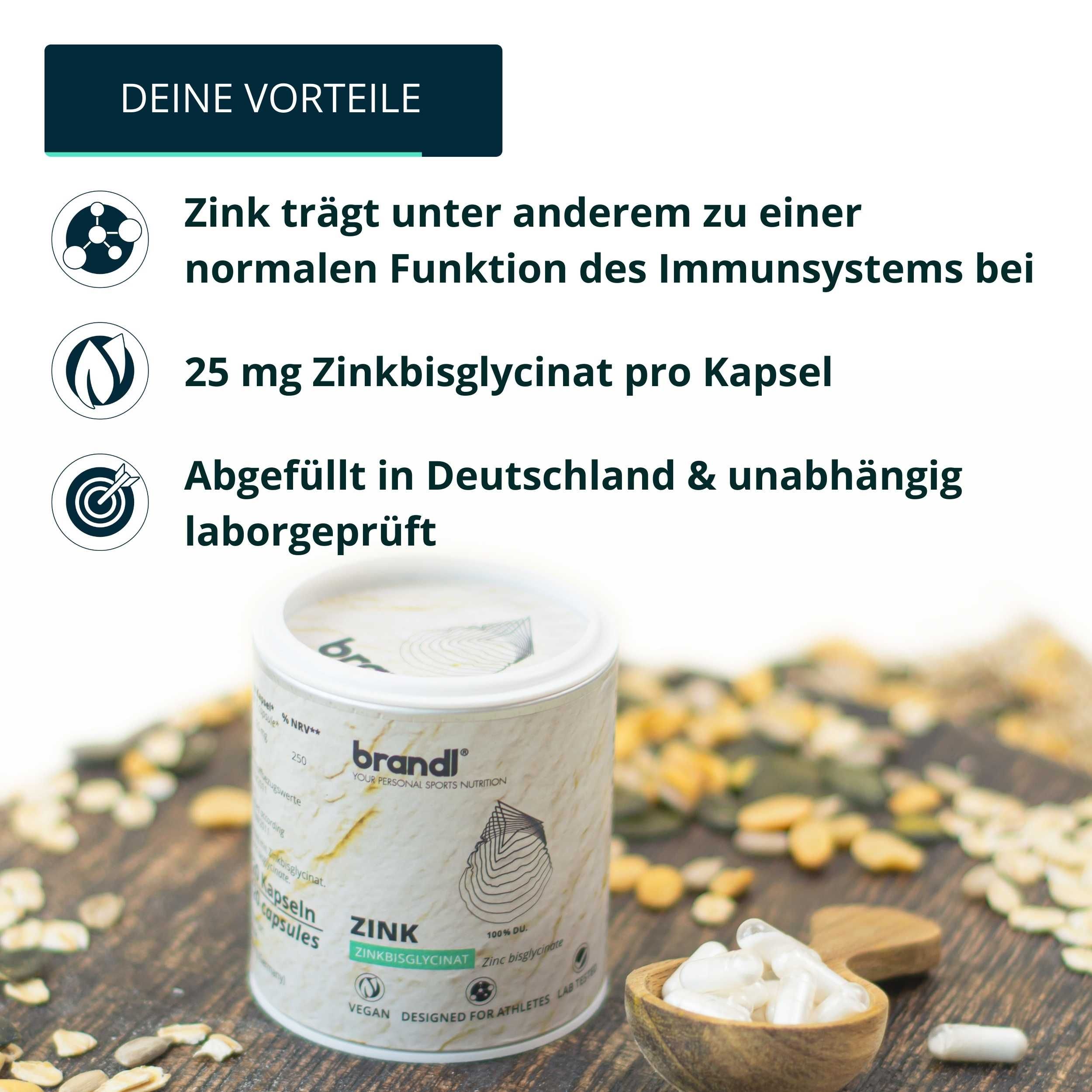 Dose brandl® Zink Bisglycinat mit Kapseln. Text: Zink, 25 mg Zinkbisglycinat pro Kapsel. Vegan. Auf Holzuntergrund.