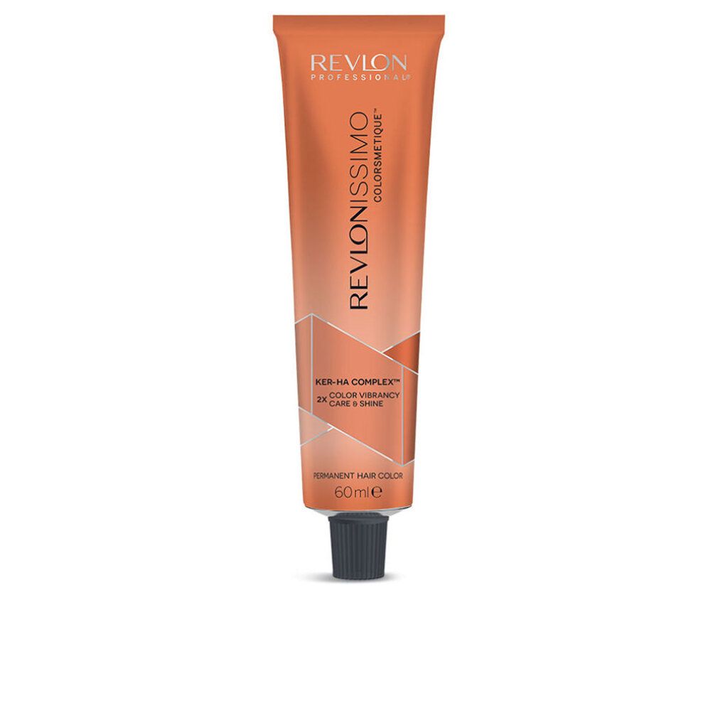 Haarfärbemittel Revlonissimo Colorsmetique. Orangefarbene Tube mit schwarzem Verschluss. Produktname und Details.