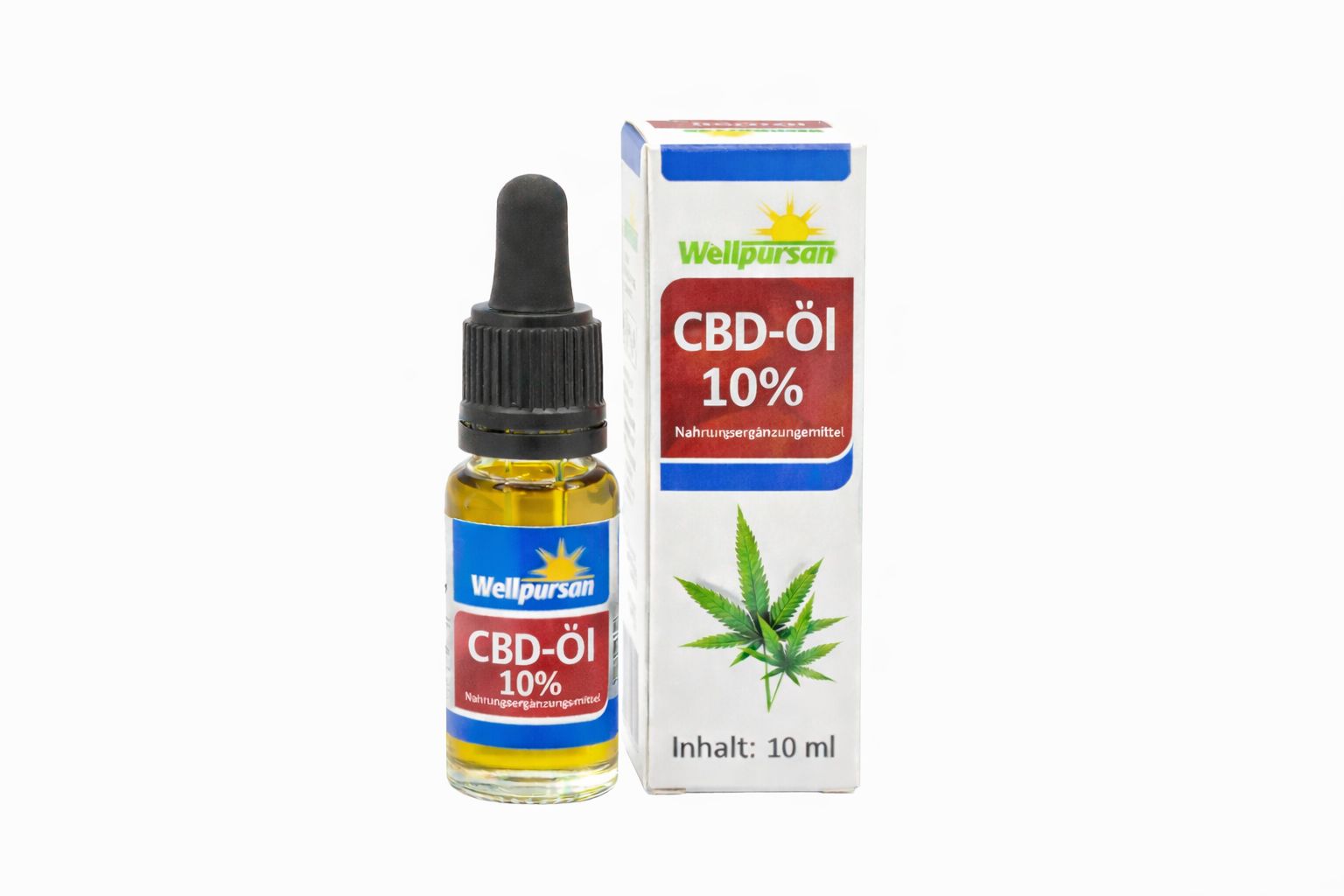 Wellpursan CBD-Öl 10% Flasche und Verpackung. Weiße Verpackung mit Logo und Produktinformationen.