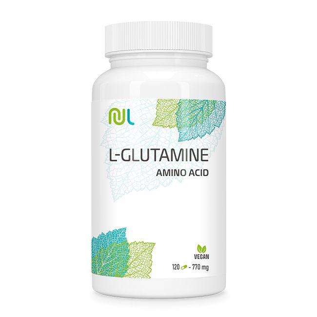 Weiße Flasche mit Schraubverschluss. Aufschrift: L-Glutamin, Aminosäure. Vegan-Siegel. Blattmuster.