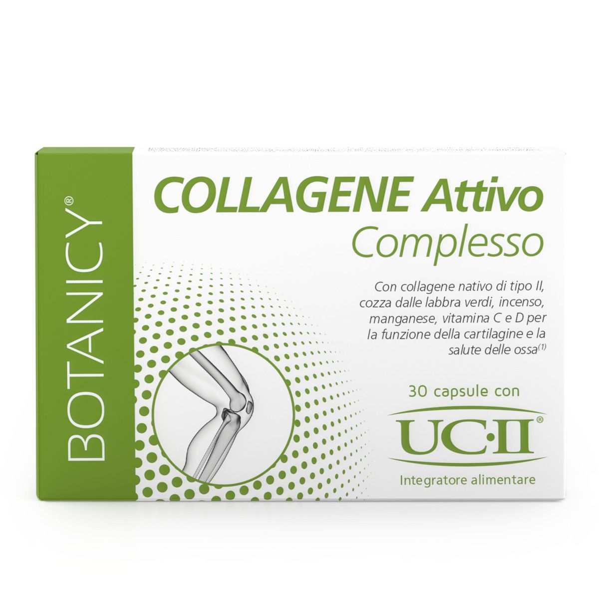 Scatola di "COLLAGENE Attivo Complesso". Contiene 30 capsule. Marchio: Botanicy. Logo UC-II.