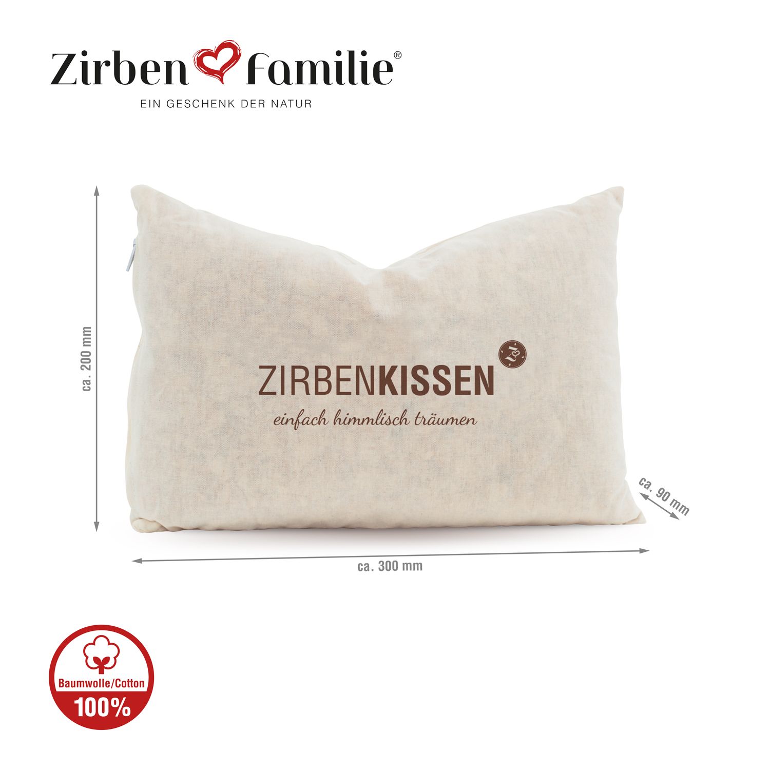 Kissen mit Text: Zirbenkissen, einfach himmlisch träumen. Maße ca. 300x200x90mm. Baumwolle/Cotton-Logo.  ZirbenFamilie Logo.