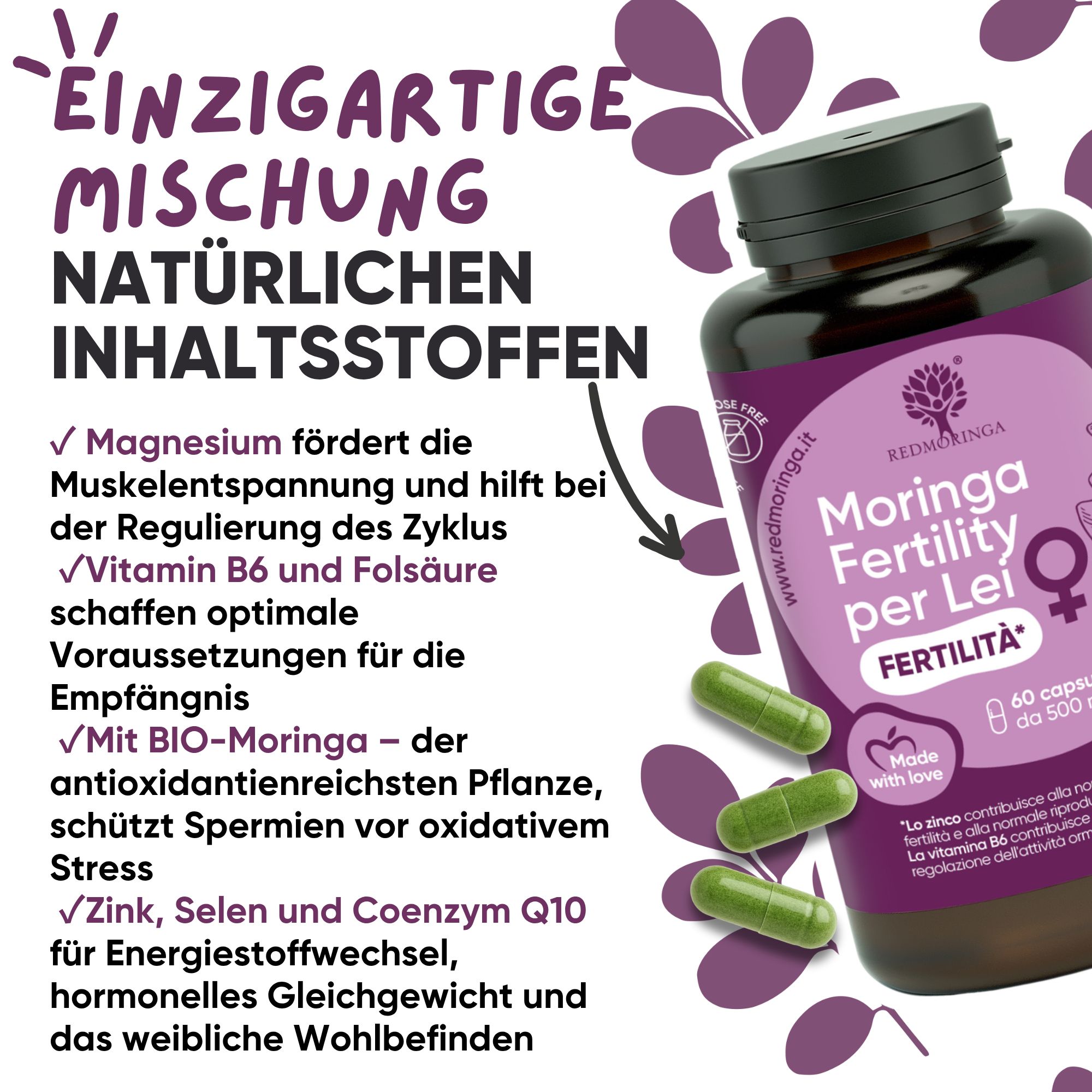 Flasche "Moringa Fertility per Lei" mit Inhaltsstoffen wie Magnesium, Vitamin B6, Folsäure.