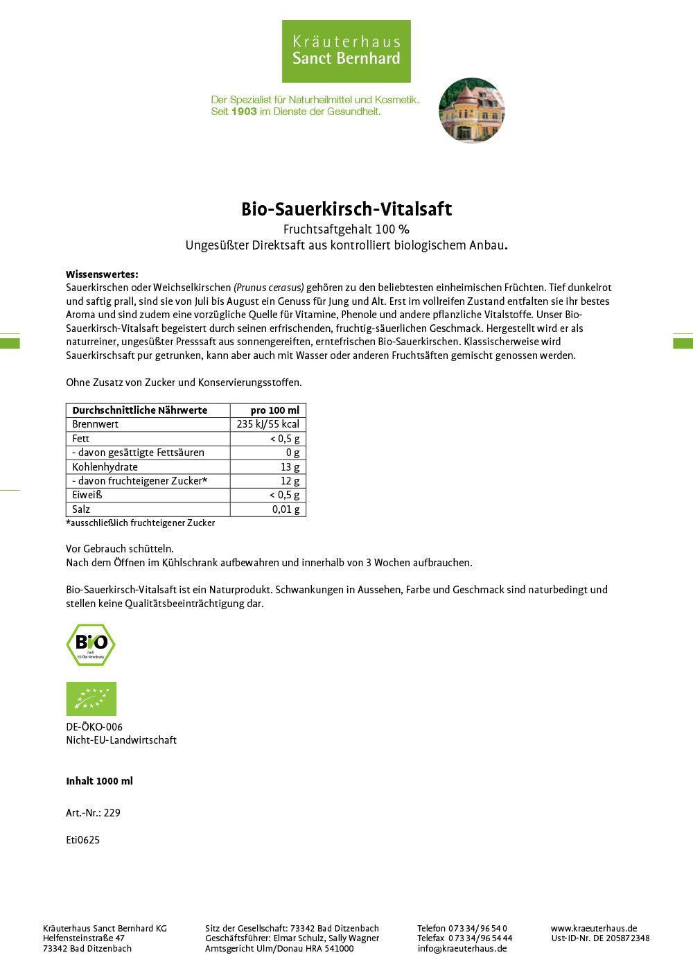 Sanct Bernhard Bio-Sauerkirsch-Vitalsaft
