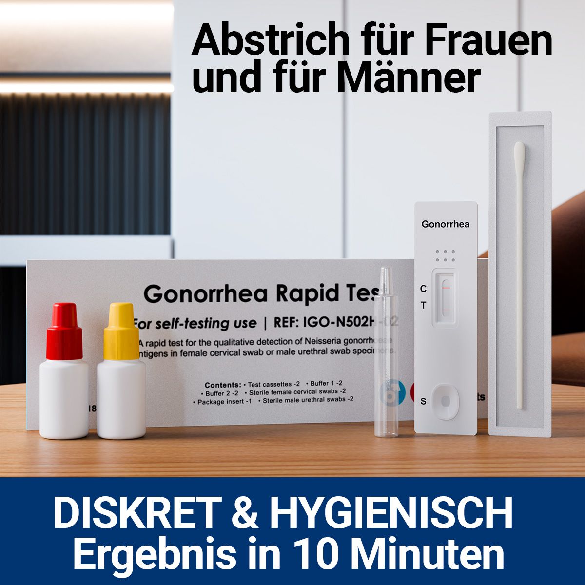 Abstrich für Frauen und Männer: Gonorrhoe Schnelltest. Diskret, hygienisch, Ergebnis in 10 Minuten.