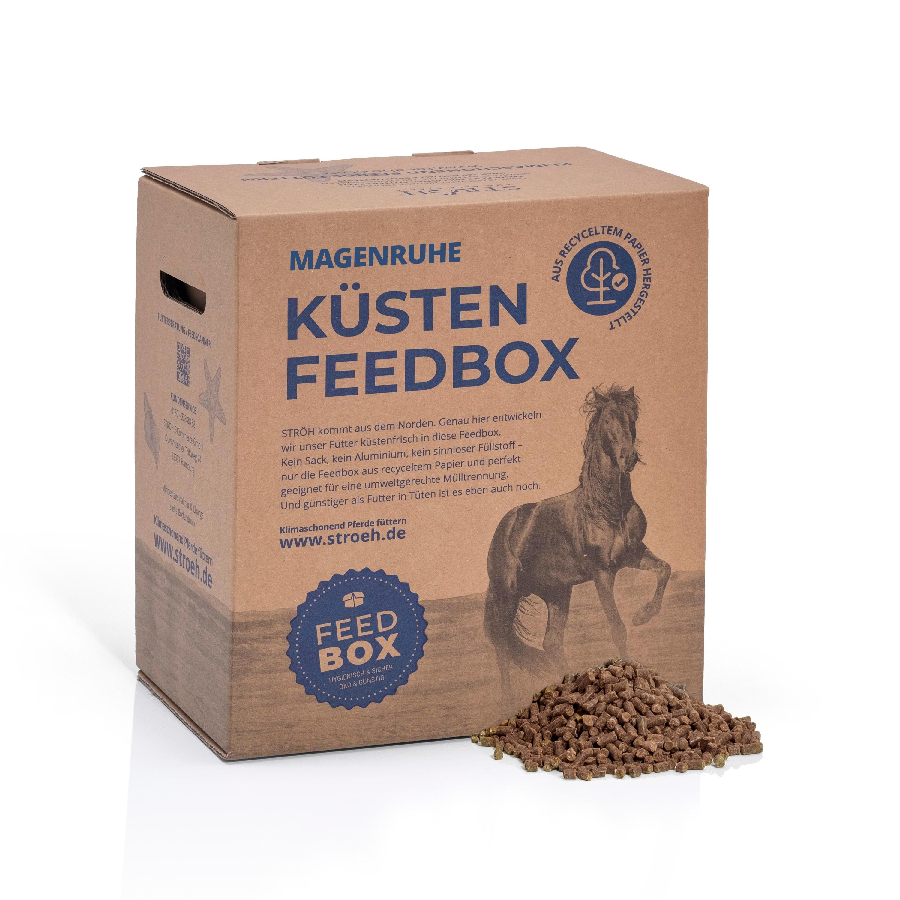 STRÖH Küsten Feedbox: Kartonverpackung mit Pferdemotiv und Produktinformationen. Daneben liegen Futterpellets.