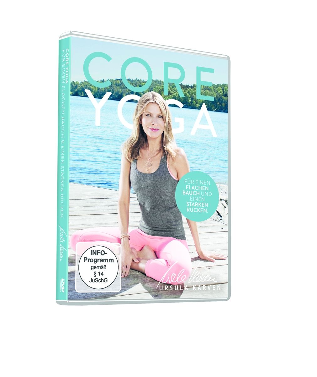 DVD Core Yoga. Frau sitzt im Schneidersitz. Aufschrift: Für einen flachen Bauch und einen starken Rücken. Info-Programm gemäß § 14 JuSchG.