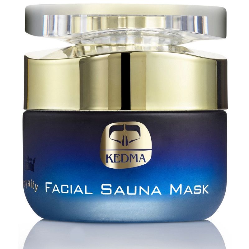 Dunkelblaue Tiegel mit goldfarbenem Deckel. Aufschrift: KEDMA, Facial Sauna Mask. Transparenter Deckel.