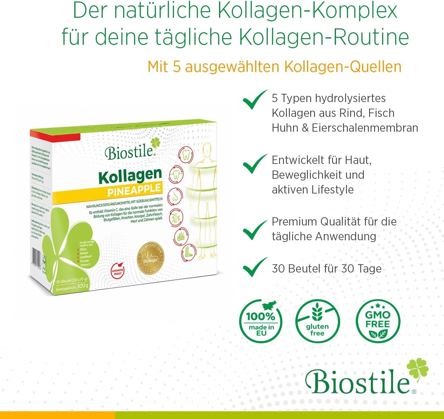 Biostile Collagen Pineapple: Karton, Liste mit 5 Kollagenquellen und Vorteilen.