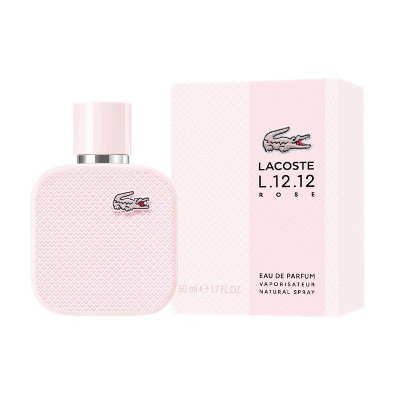 Rosa Flakon und Verpackung. Krokodil-Logo. Text: Lacoste L.12.12 Rose EdP Nat. Spray.