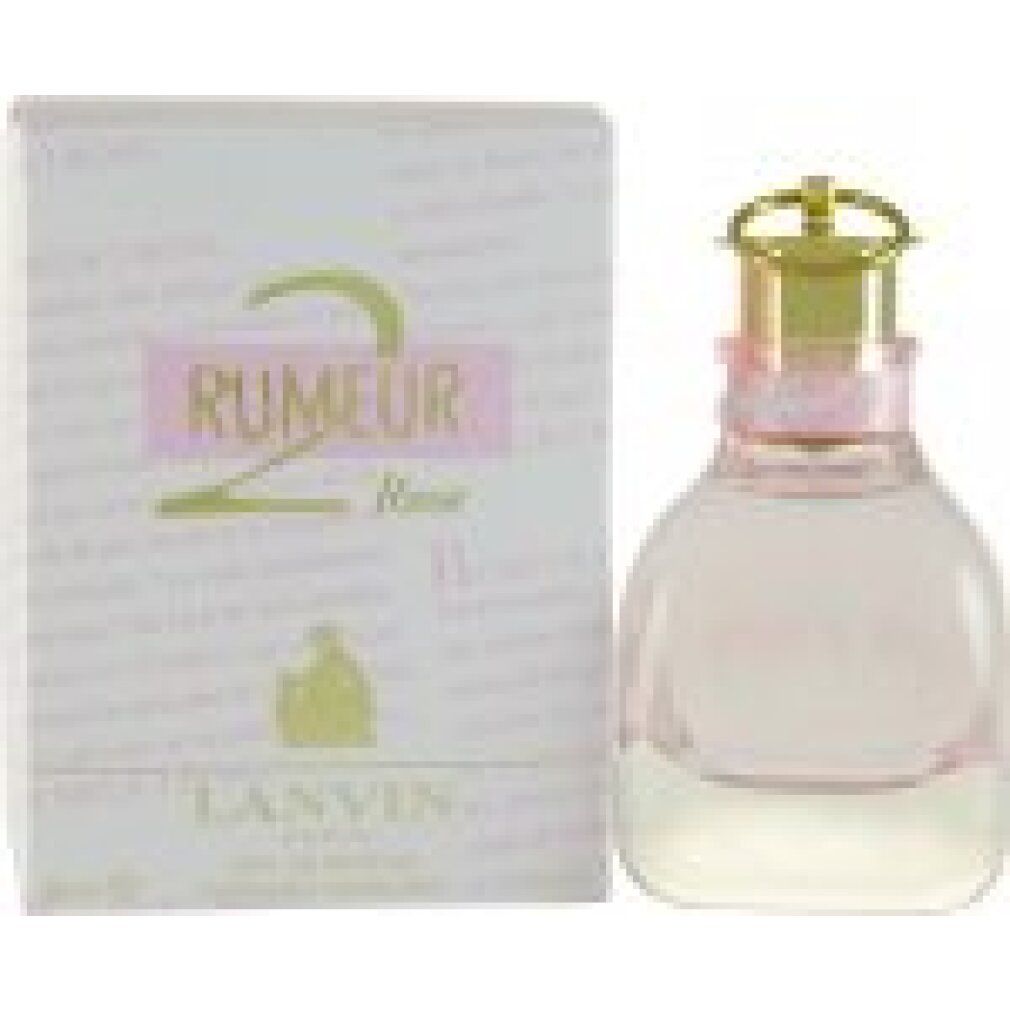 Rosa Flakon und Karton. Aufschrift: Rumeur 2 Rose, Lanvin. Flakon mit goldfarbenem Verschluss.