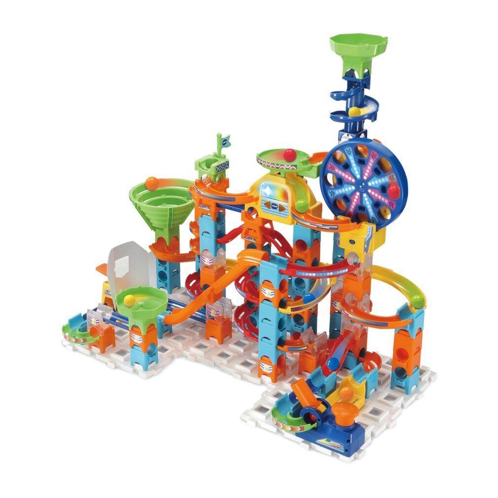 VTech Marble Rush Ultimate Set. Bunte Konstruktion mit Bahnen, Trichter, Karussell und Rampen.