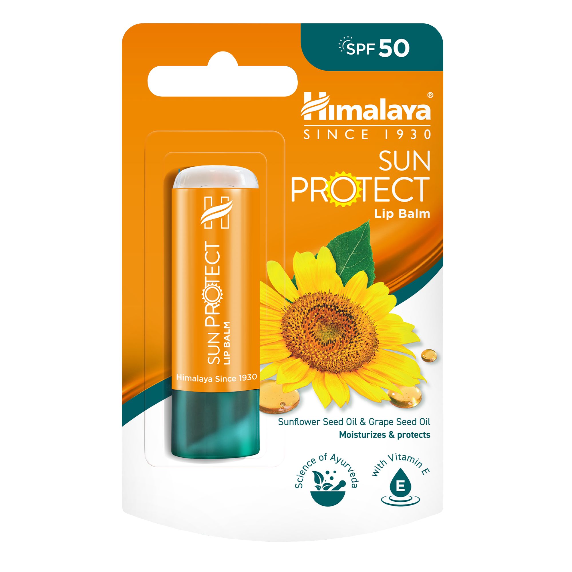 Lippenbalsam in orangefarbener Verpackung. Aufschrift: Sun Protect, SPF 50, Himalaya. Mit Sonnenblumen- und Traubenkernöl.