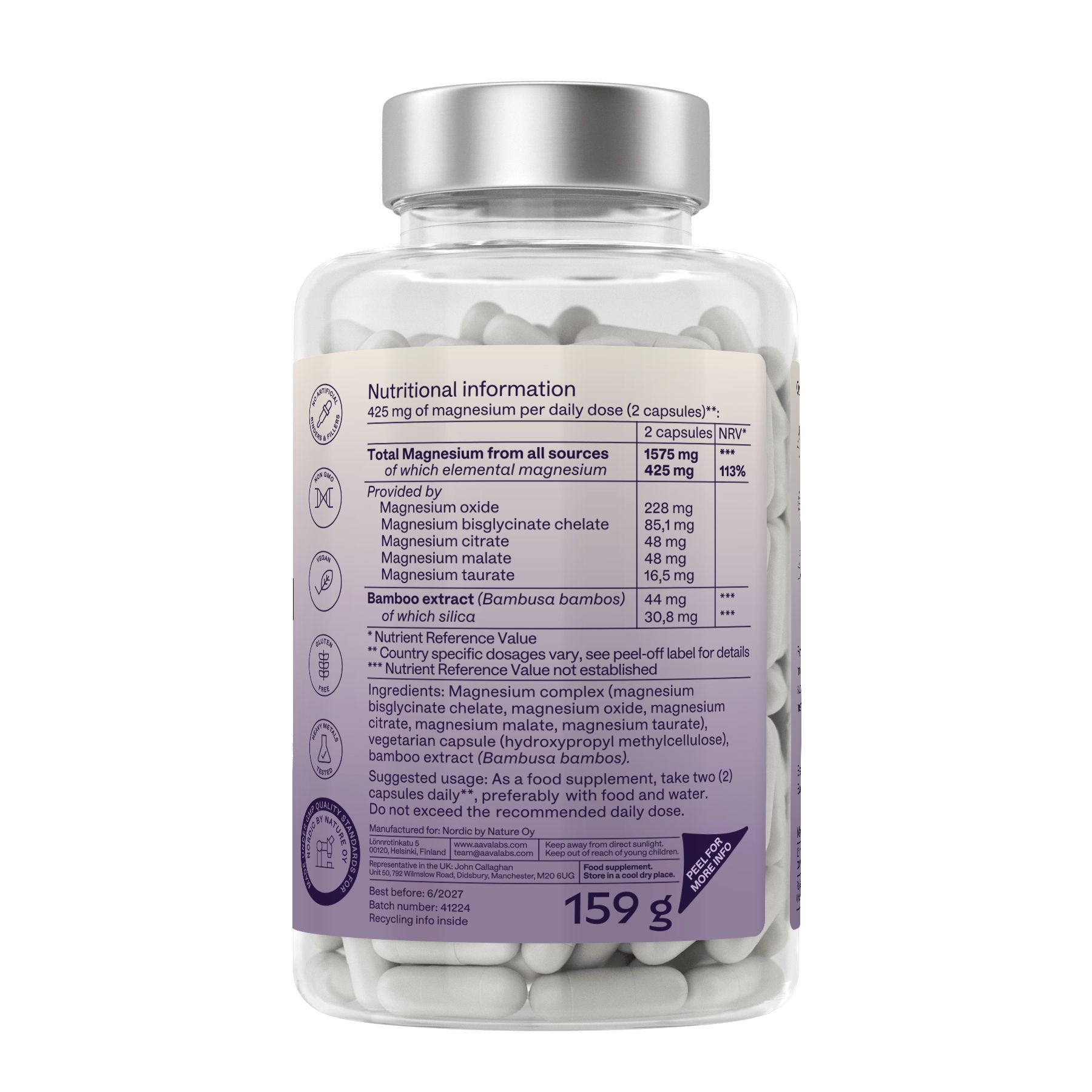 Rückseite der Fullnesium Komplex Flasche. Nährwertangaben, Inhaltsstoffe, Herstellerinformationen. 159 g.