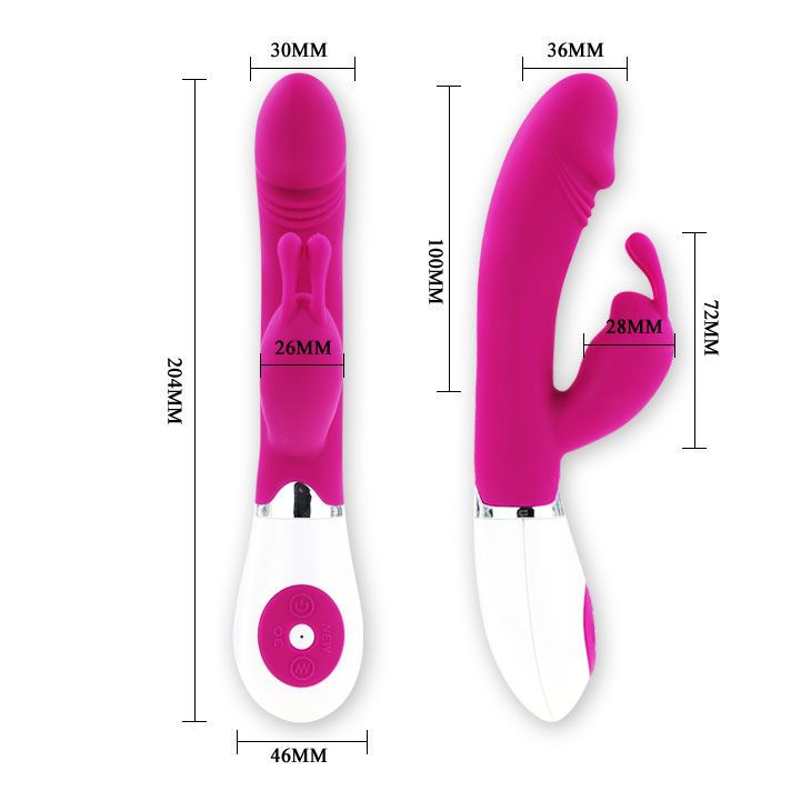 Rosa Vibrator mit weißem Griff. Abmessungen in mm angegeben. Der Kopf ist länglich, mit einem gebogenen Teil und einem kleineren, fingerförmigen Teil.