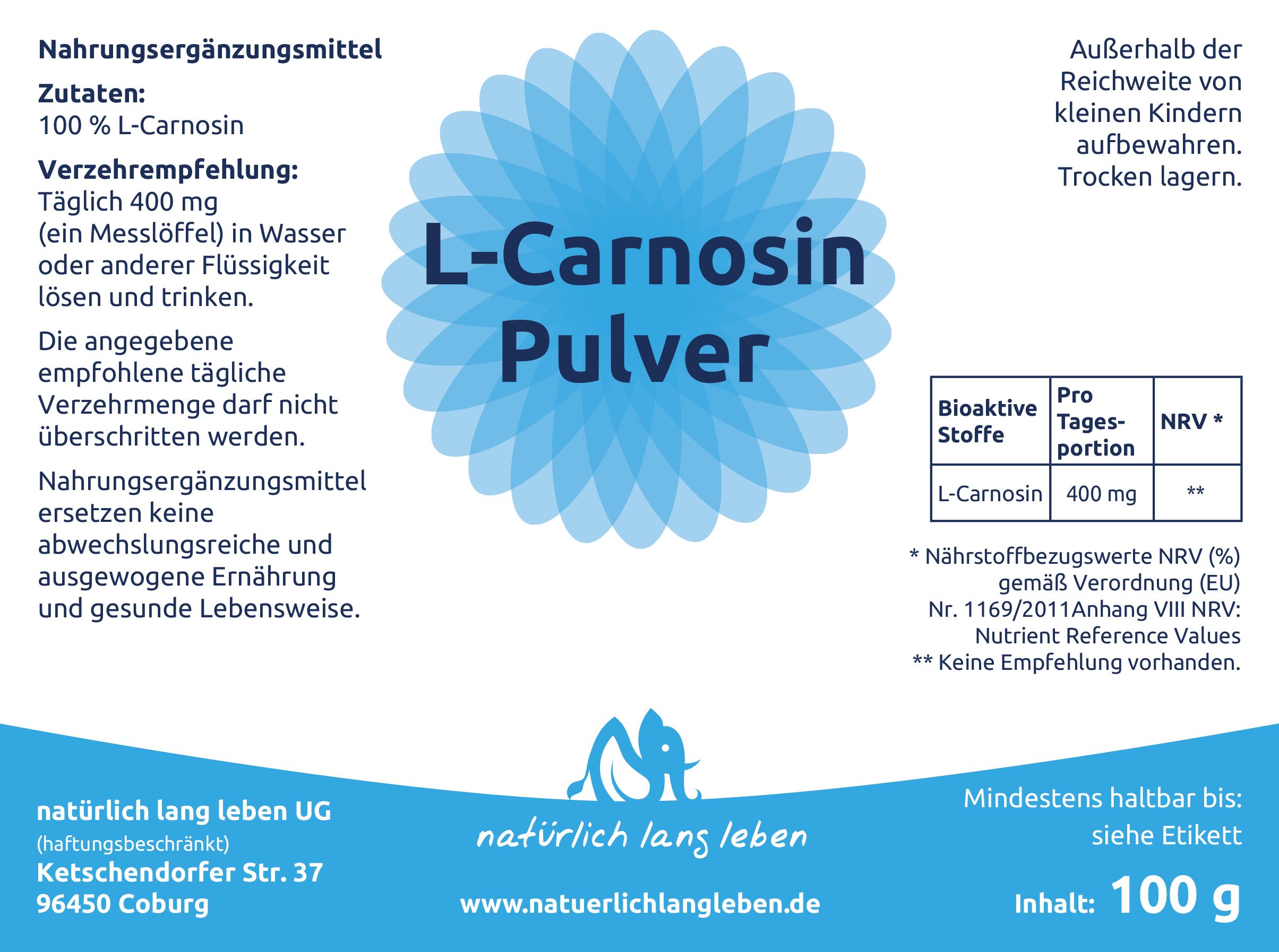 Blaues Etikett mit Text und Logo. Aufschrift: L-Carnosin Pulver. Enthält Informationen zu Inhaltsstoffen und Dosierung.