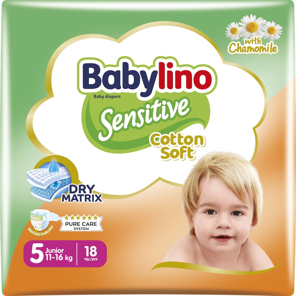 Babylino Sensitive Cotton Soft, Pannolini Taglia 5, Junior (11-16kg), 18 Unità