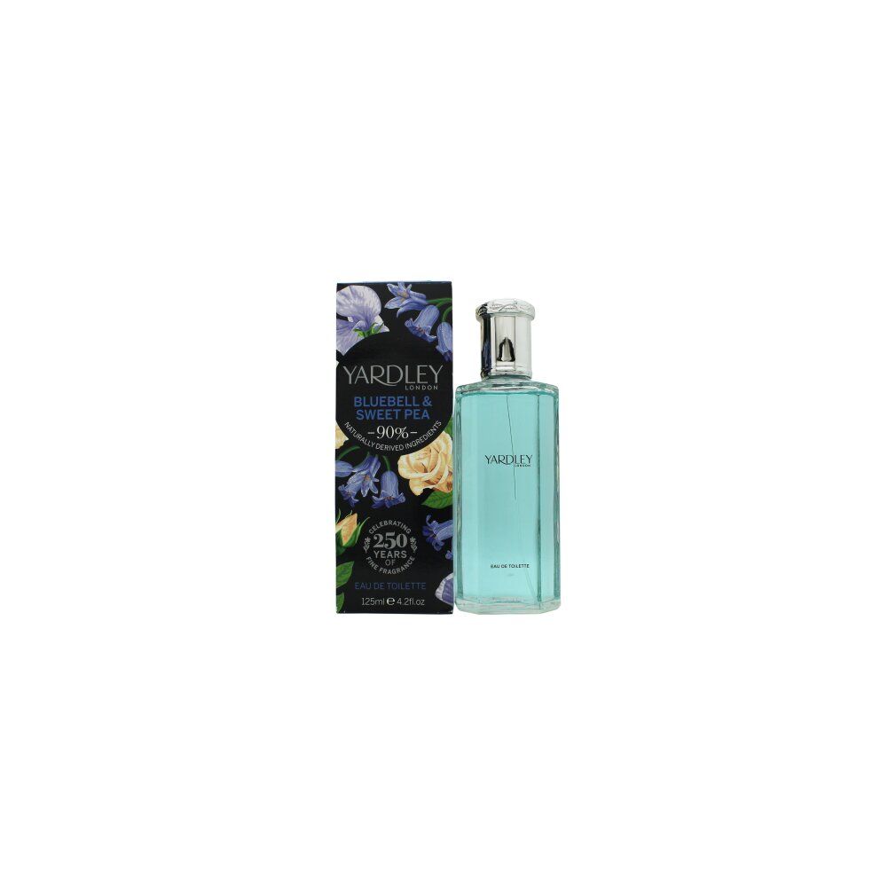 Eau de Toilette-Spray und Schachtel. Aufschrift: Yardley Bluebell & Sweet Pea. Floral-Design. 250 Jahre.