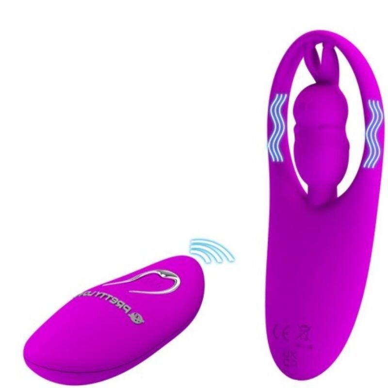 Lila Vibrator mit Fernbedienung. Wellenmuster. Produktname nicht sichtbar. Fernbedienung mit Herzsymbol. Drahtlose Verbindung.