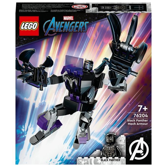 LEGO Super Heroes Armatura Mech Black Panther. Il set mostra un mech nero con accenti viola e una minifigure di Black Panther. Sulla confezione sono visibili il logo LEGO, il logo Marvel Avengers e la raccomandazione di età 7+.