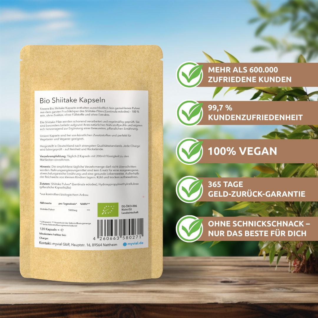 Rückseite der myvial Bio Shiitake Kapsel-Verpackung mit Produktinformationen und Siegeln.