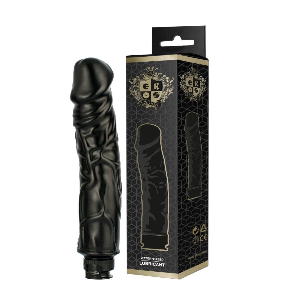 Schwarzer Dildo neben Verpackung. Verpackung zeigt Produktabbildung und Text: EROS, Wasserbasiertes Gleitmittel.
