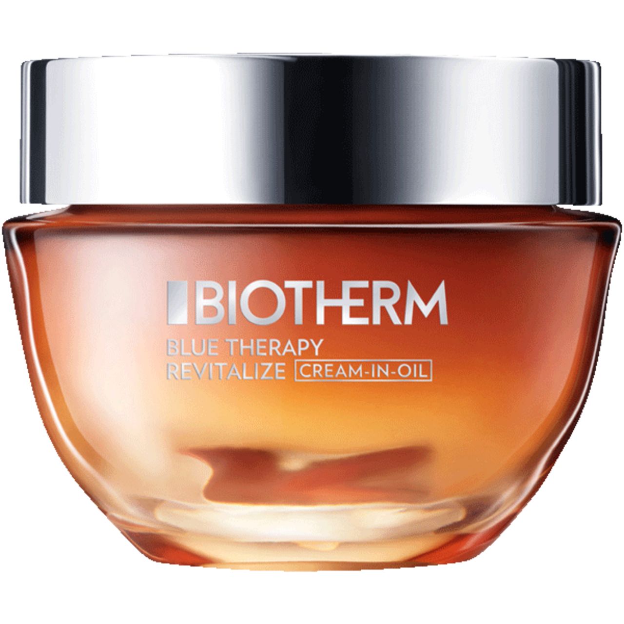 Glasbehälter mit silbernem Deckel. BIOTHERM Blue Therapy Revitalize Cream-In-Oil. Creme-in-Öl.