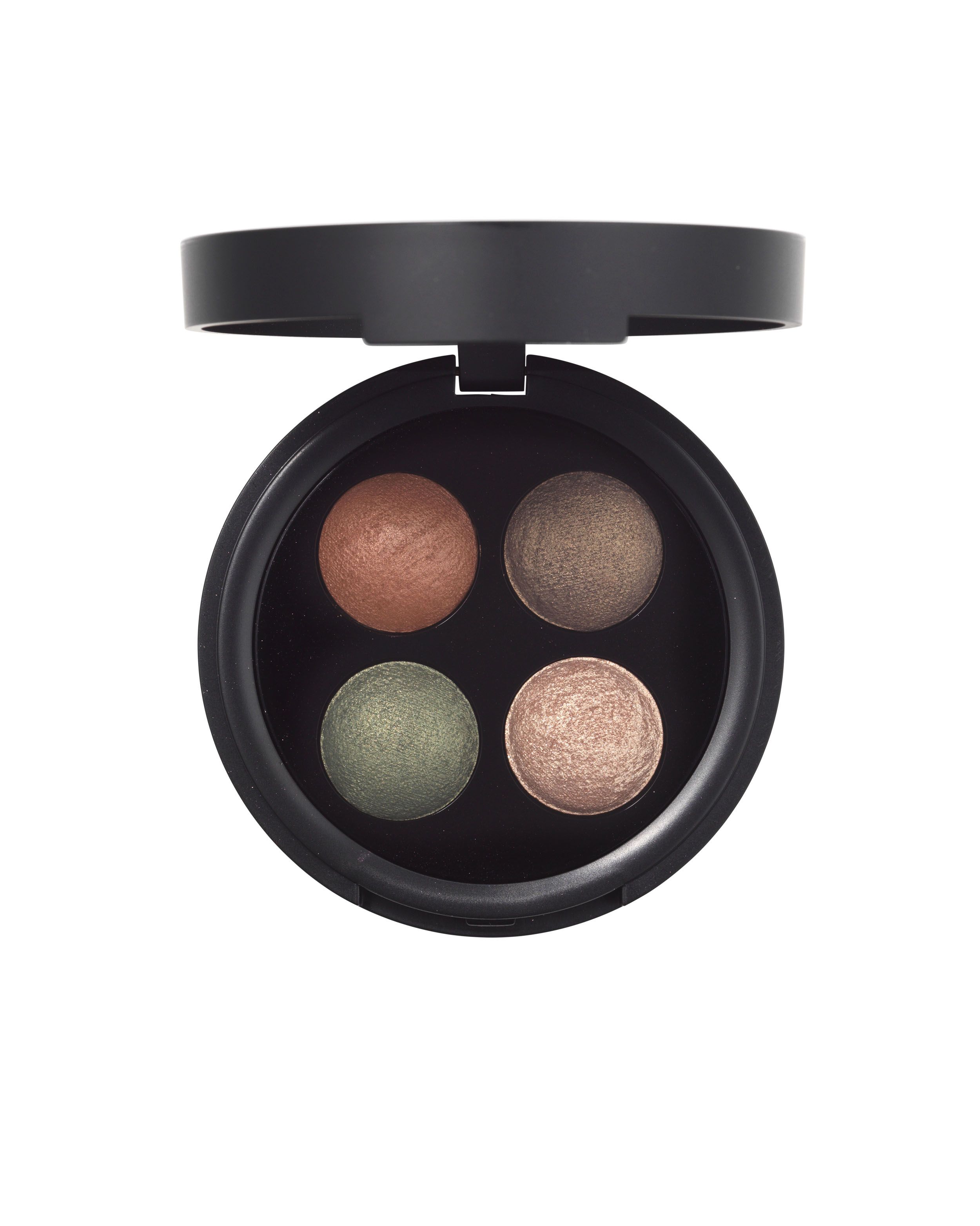 Nilens Jord Baked Mineral Lidschattenpalette mit vier runden, gepressten Lidschatten in Bronze-, Braun-, Grün- und Roségoldtönen.