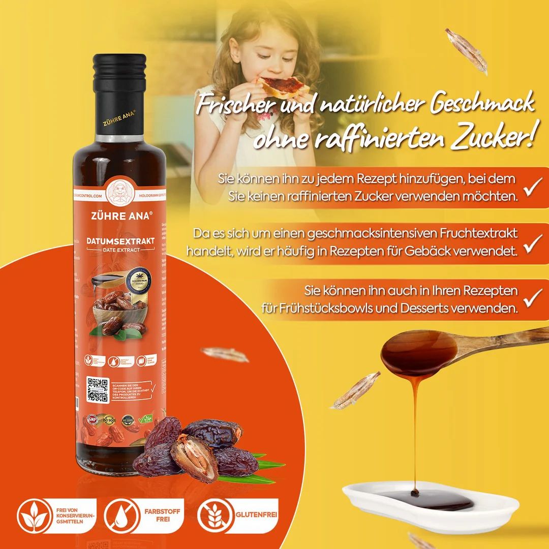 Braune Flasche mit schwarzem Deckel. Etikett mit Text: Zühre Ana, Dattelextrakt. Dadelfrüchte und Löffel mit Extrakt.