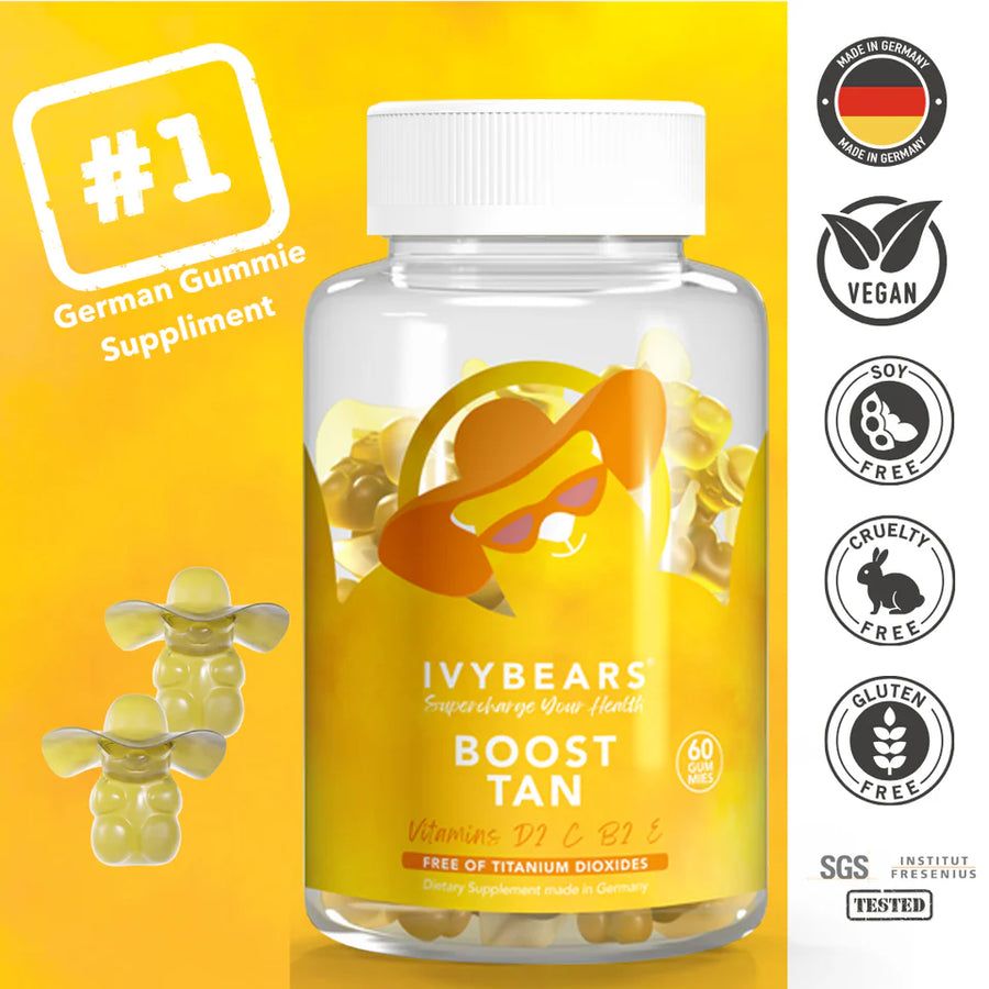Transparente Flasche mit gelben Gummibärchen. Aufkleber mit "IVYBEARS Boost Tan" und Logos. 60 Gummies. Vegan, Glutenfrei, etc.