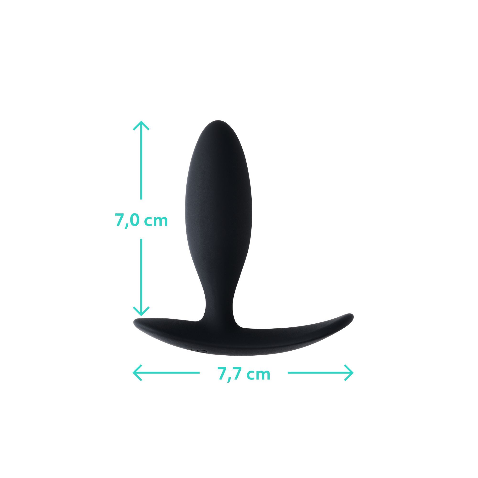 Schwarzer Analplug mit Maßangaben: 7,0 cm hoch, 7,7 cm breit.