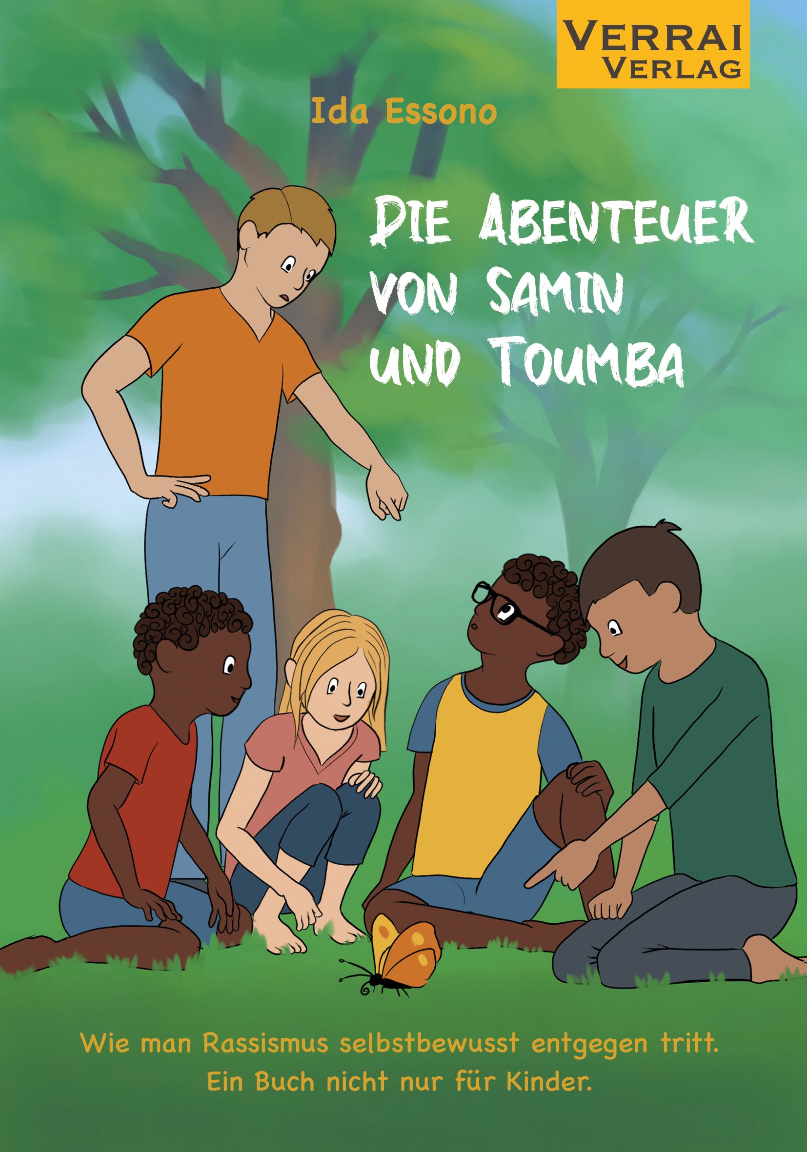 Buchcover: „Die Abenteuer von Samin und Toumba“. Illustration von Kindern. Verlag: Verrai Verlag. Titel und Autor sichtbar.