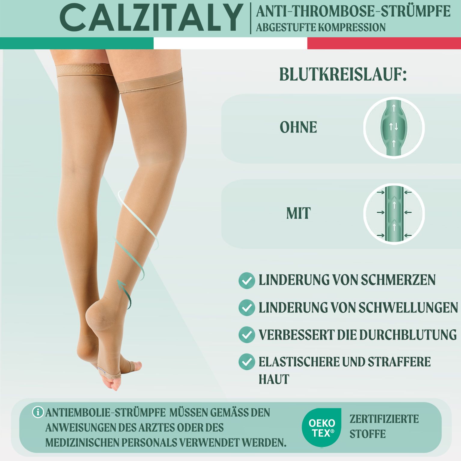 CALZITALY Anti-Thrombose halterlose Strümpfe, offene Spitze, starke Kompression, Made in Italy