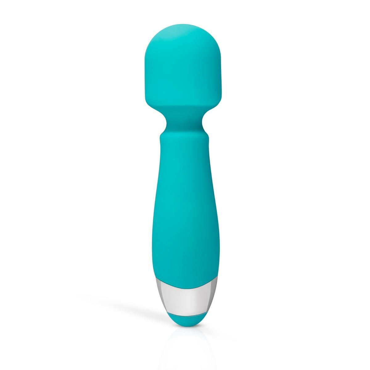 Vibrateur de massage turquoise, extrémité arrondie, extrémité argentée.