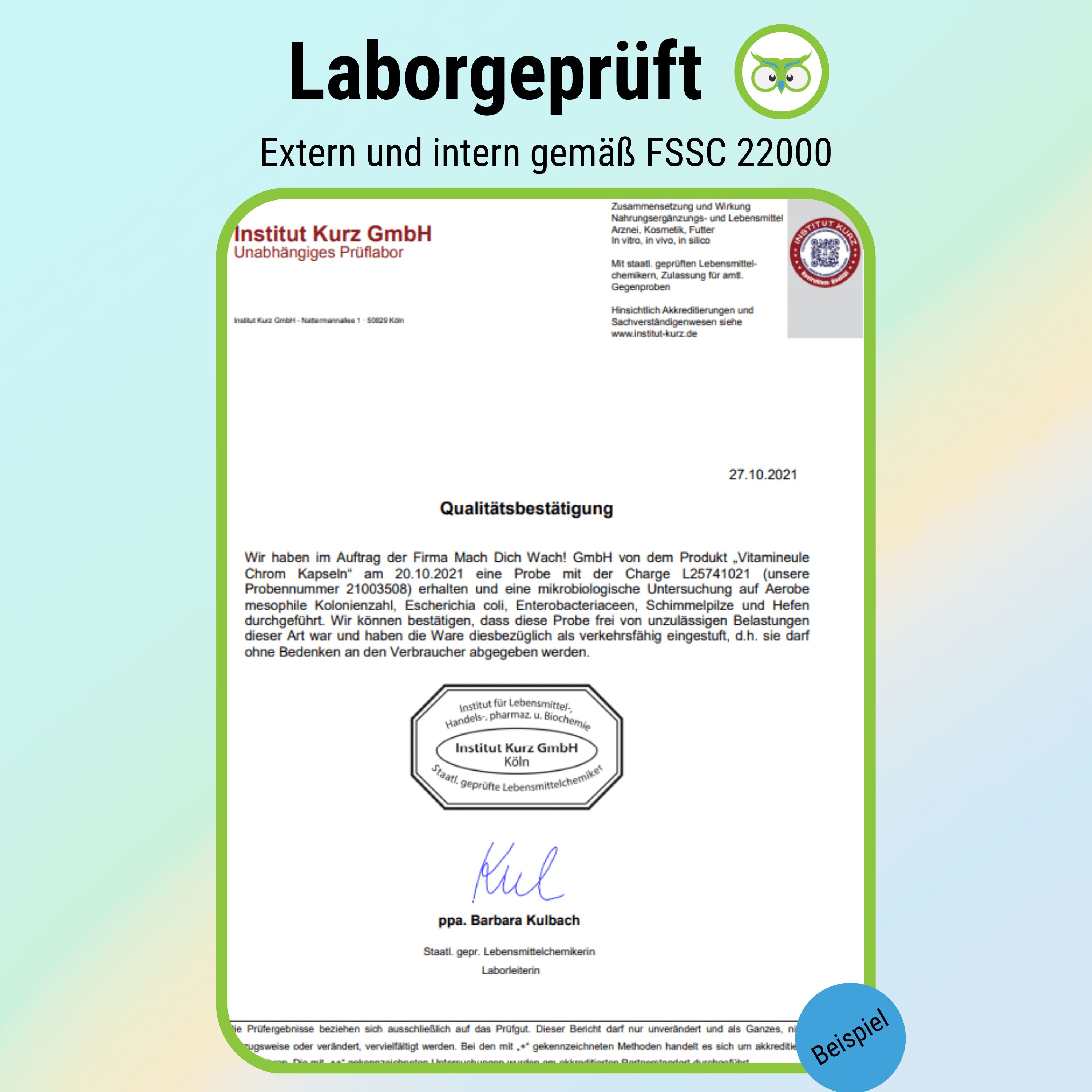 Qualitätsbestätigung von Institut Kurz GmbH. Unabhängiges Prüflabor. Zertifikat gemäß FSSC 22000. Unterschrift und Stempel.