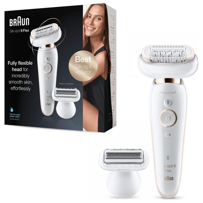 Verpackung und Epilierer. Frau lächelt. Text: Braun Silk-épil 9 Flex, Best Silk-épil epilator. Zwei Aufsätze.