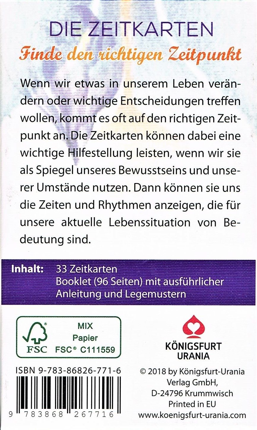 Rückseite der Kartenbox "Die Zeitkarten" mit Text und Inhaltsangabe. FSC-Siegel und Verlagsangaben. ISBN-Nummer.