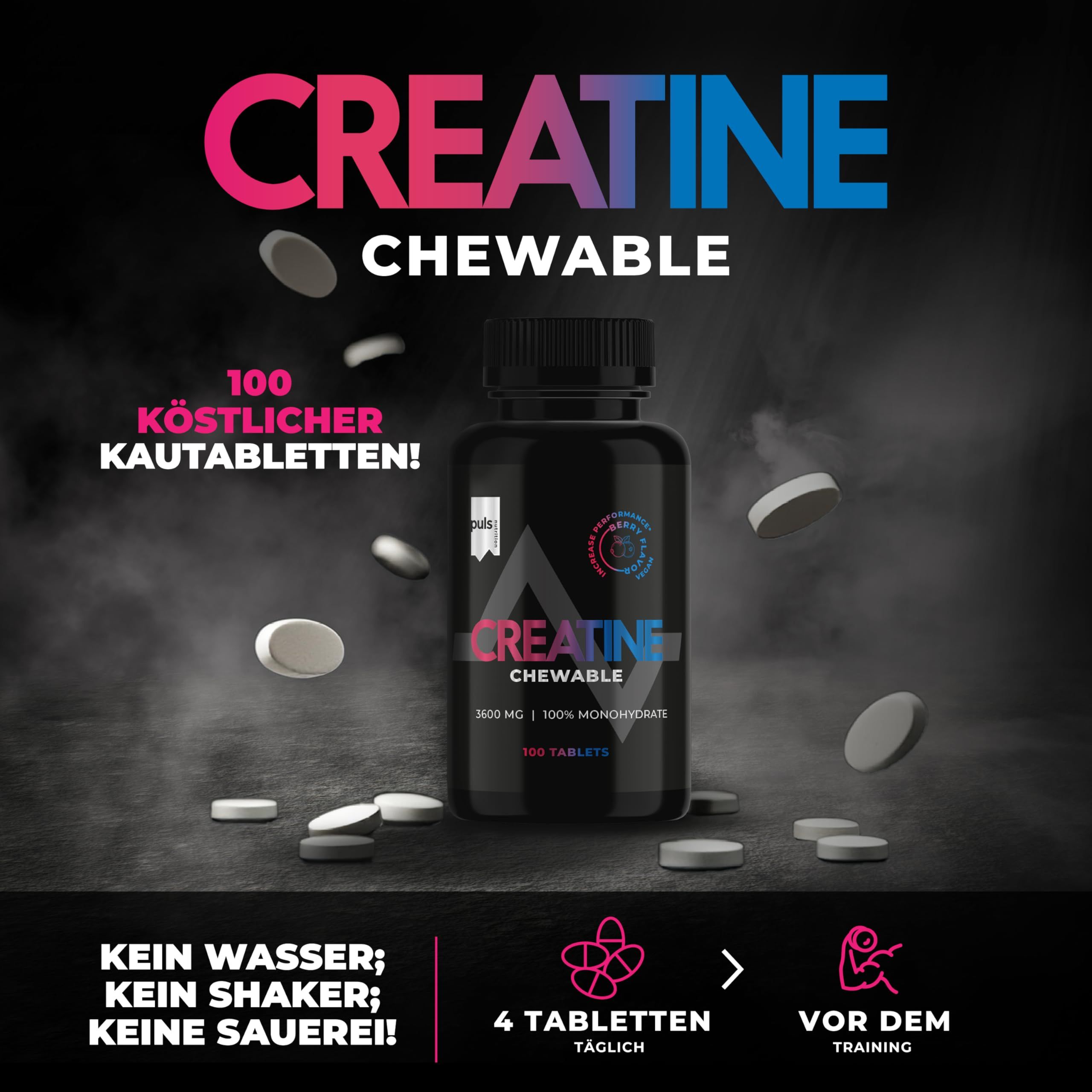 Schwarze Dose mit 100 Creatin-Kautabletten, Beeren-Geschmack. "Creatine Chewable" steht auf dem Etikett.
