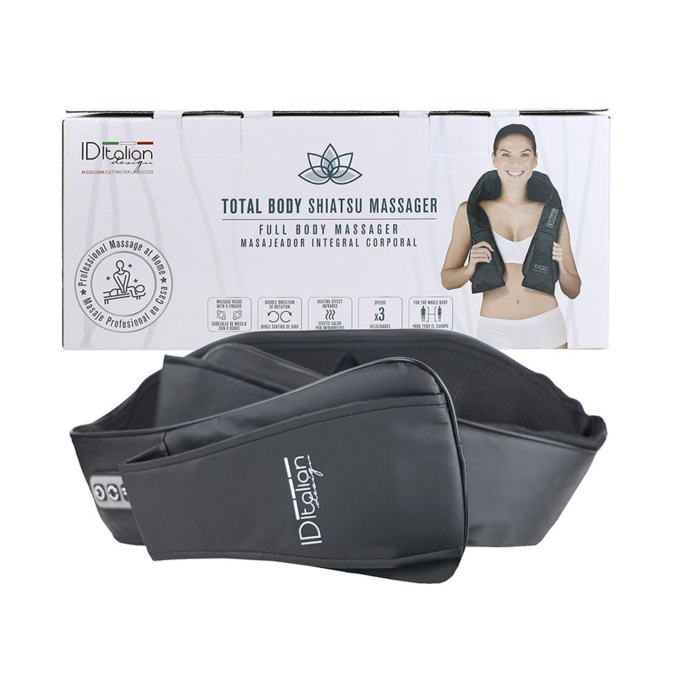 Nackenmassagegerät und Verpackung mit Produktabbildung und Text.